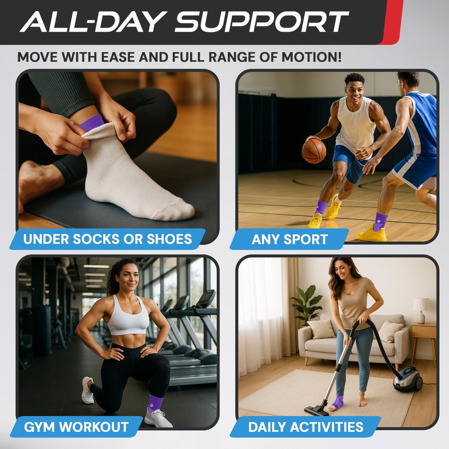 Sleeve Stars Ankle Brace for Women & Men, Ankle Wrap for Sprained Ankle, Compression Sleeve for Plantar Fasciitis Relief, Easy Customizable Support: w/Removable Strap (Single/S:9"-10"/Dark Purple)