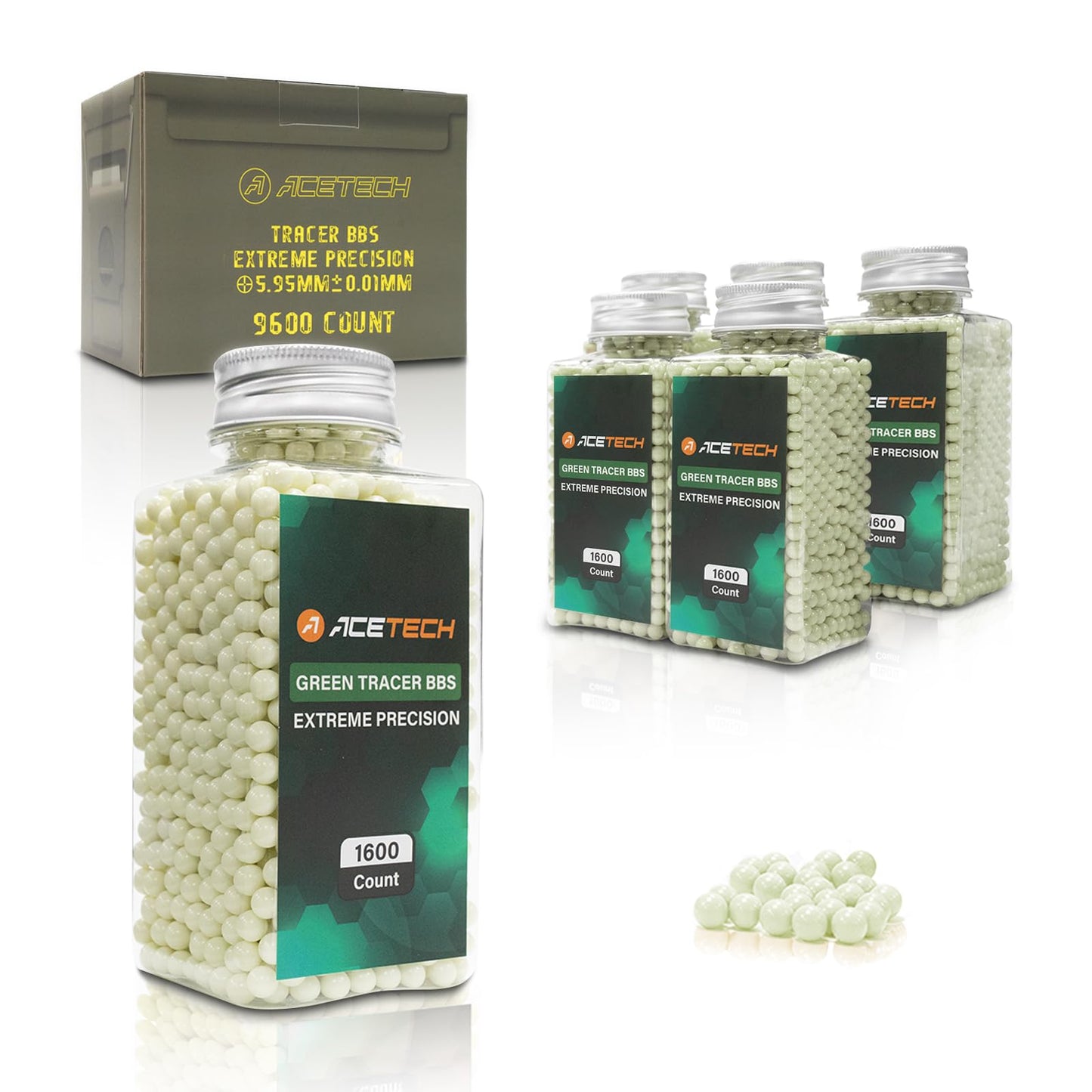 ACETECH Airsoft Tracer BB 6mm 9600 Count High Precision Polished Design (0.20g, Green)