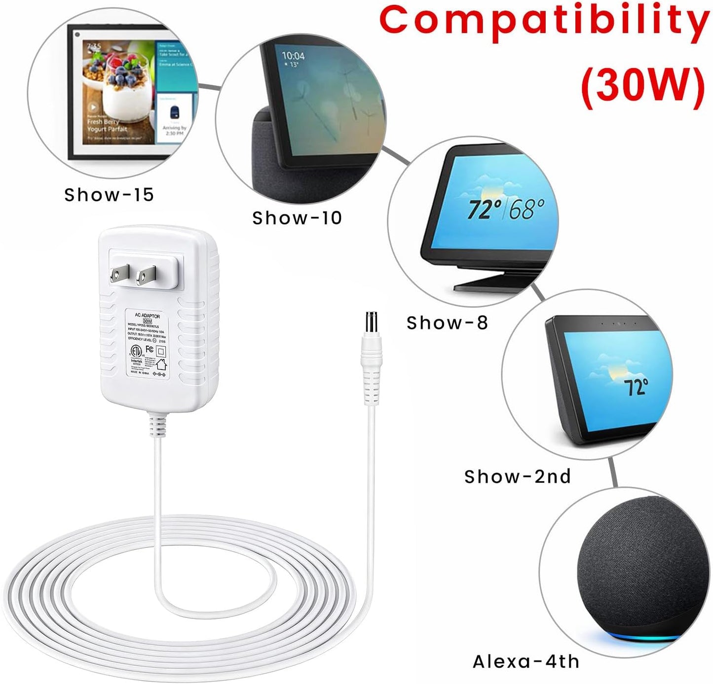 30W Power Cord Adapter for Echo Show 8, 10, 15 & 21 | 5ft White Wall Charger Cable