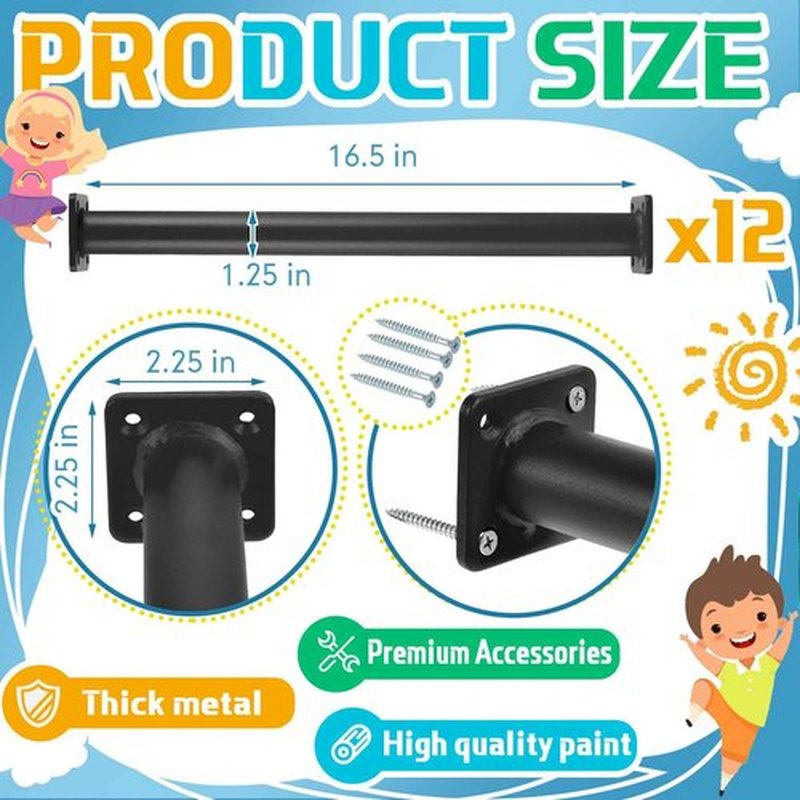 Dunzy 12 Pack Monkey Bars Swing Set Accessories Rods Playset Ladder Rungs Hardware Kit Steel Monkey Bar with Screws for Backyard Playground Equipment Mounting Plates(16.5 Inch,Black)