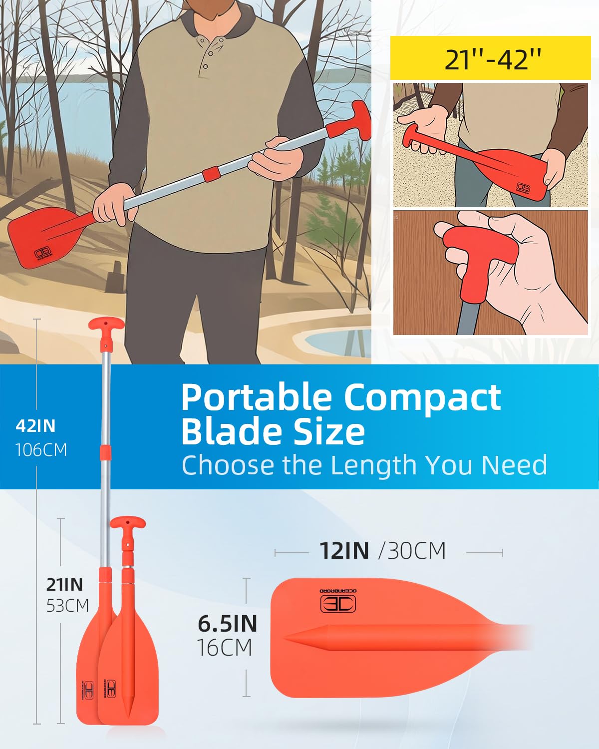 OCEANBROAD Telescoping Emergency Paddle 26''-54'' Collapsible Paddles Aluminium Shaft for Kayaking Boating Canoeing River Tubing, Orange, 1 Paddle
