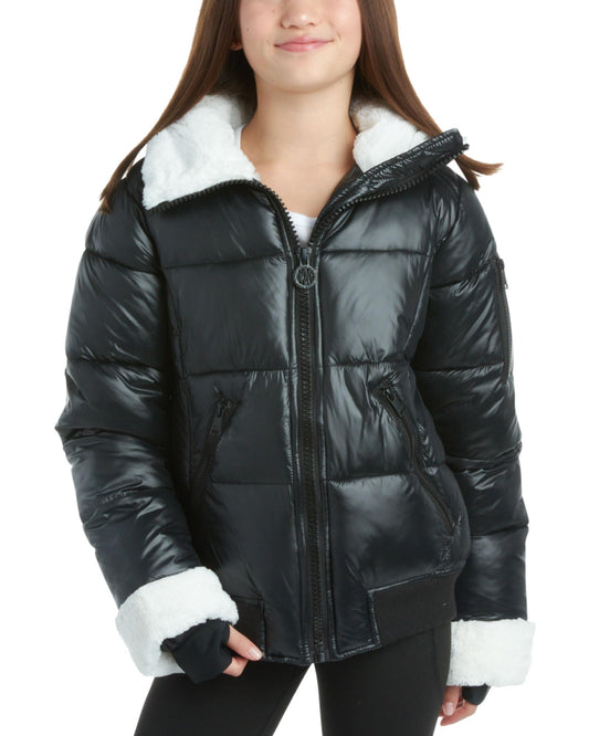 DKNY Girls' Winter Coat - Insulated Quilted Puffer Bomber Coat - Outerwear Jacket for Girls, Sherpa Collar/Cuffs (8-16), Size 7-8, Black