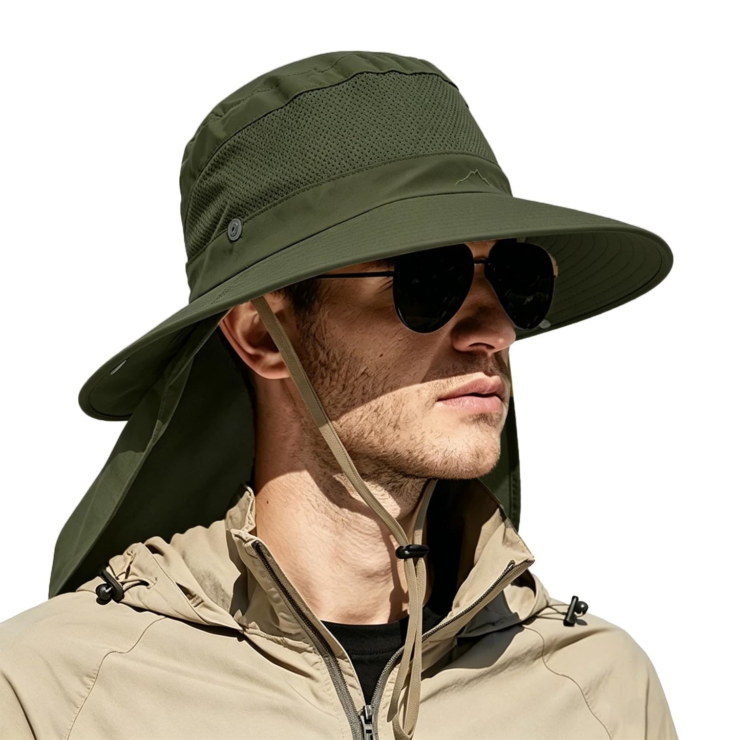 Outdoor Sun Hats with Stowable Neck Flap for Men Women UPF 50+ Mesh Summer Bucket Hat Wide Brim for Fishing Safari Hiking Army Green
