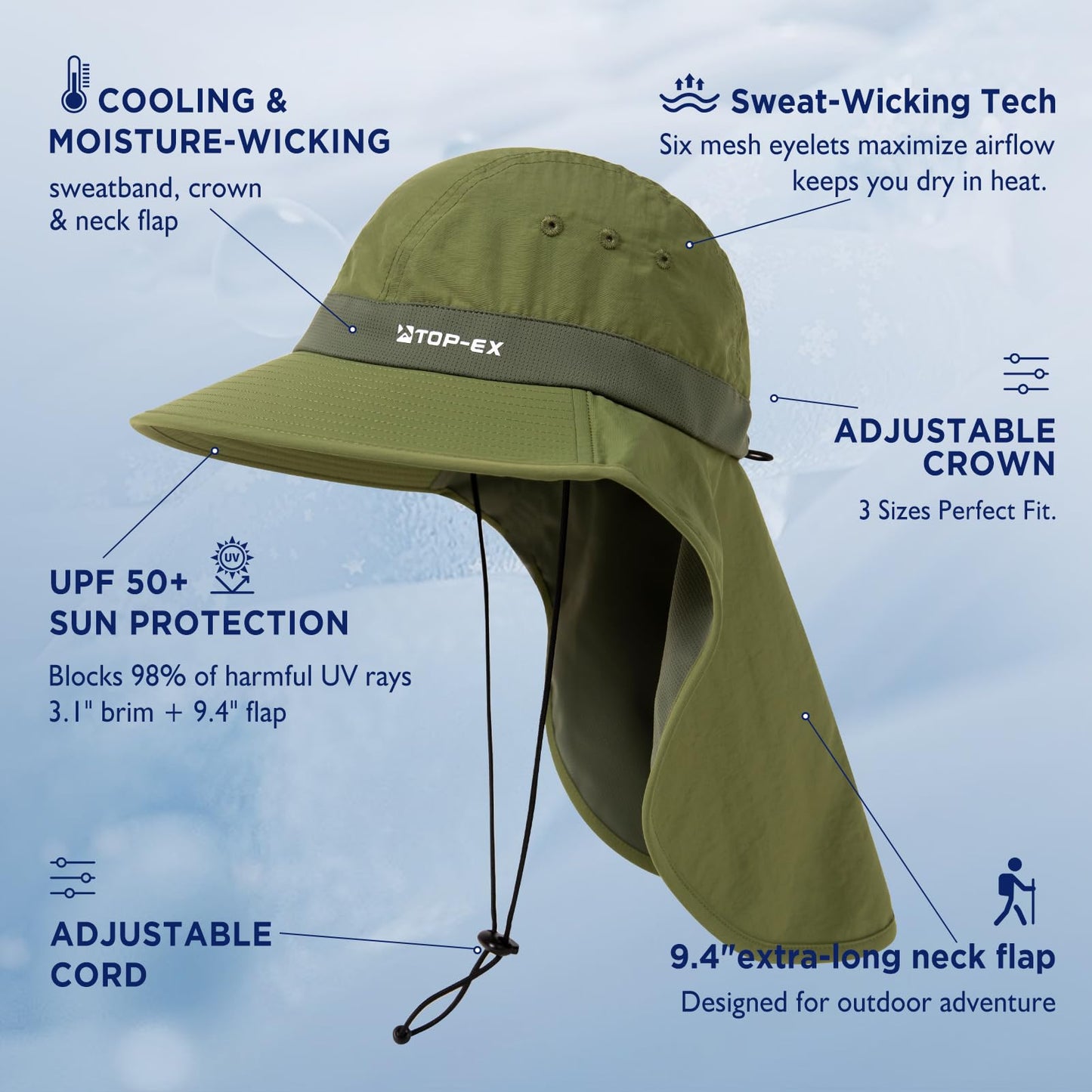 TOP-EX UPF 50+ Cooling Wide Brim Sun Hat for Men with Neck Flap, Packable