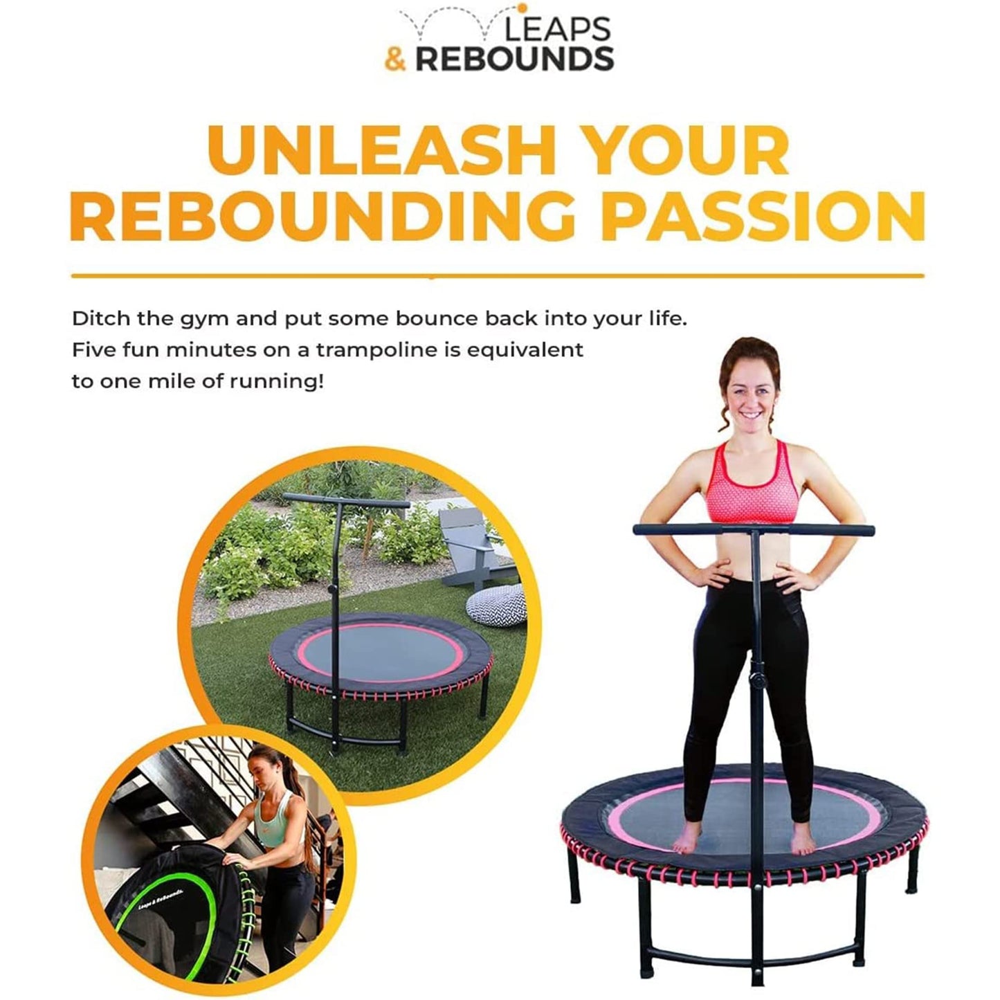 Leaps & ReBounds: Adjustable Stabilizer Bar - Fits All L&R Fitness Trampolines - Grippable & Cushy Foam Handles - Easy Assembly, Slips Over Existing Legs - Trampoline Sold Separately