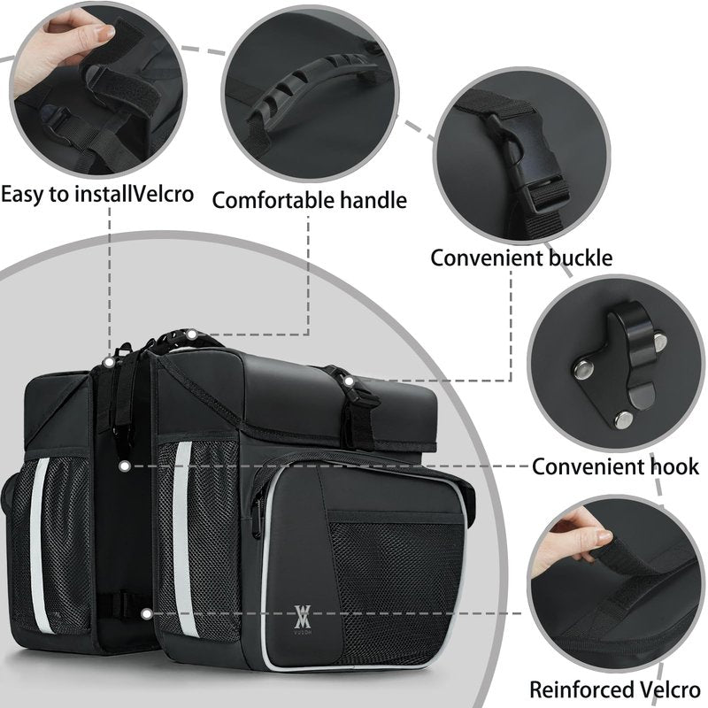 Waterproof Double Panniers Bag - 36L Saddle Bags for Rear Rack Bicycles with Safety Reflective Strips, Bicycle Commuting Pannier Fit Most Bicycle Rack with Rain Cover (With Rain Cover, Black, 36L)