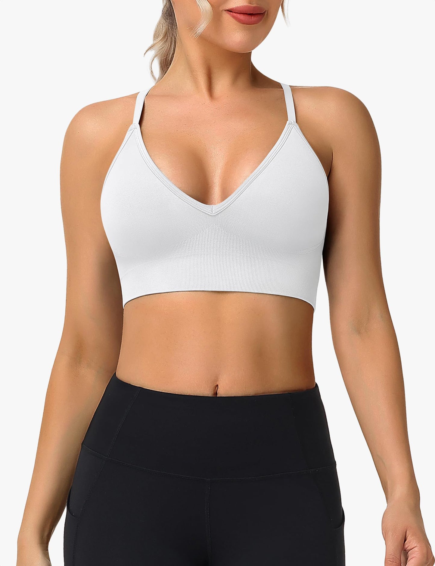 WANAYOU Sport Bras for Women, Low Cut Adjustable Spaghetti Strap Cross Back Womens Sports Bras with Padding Low Support Wireless Seamless Sexy Bralette for Workout 3 Pack Black White Grey Medium
