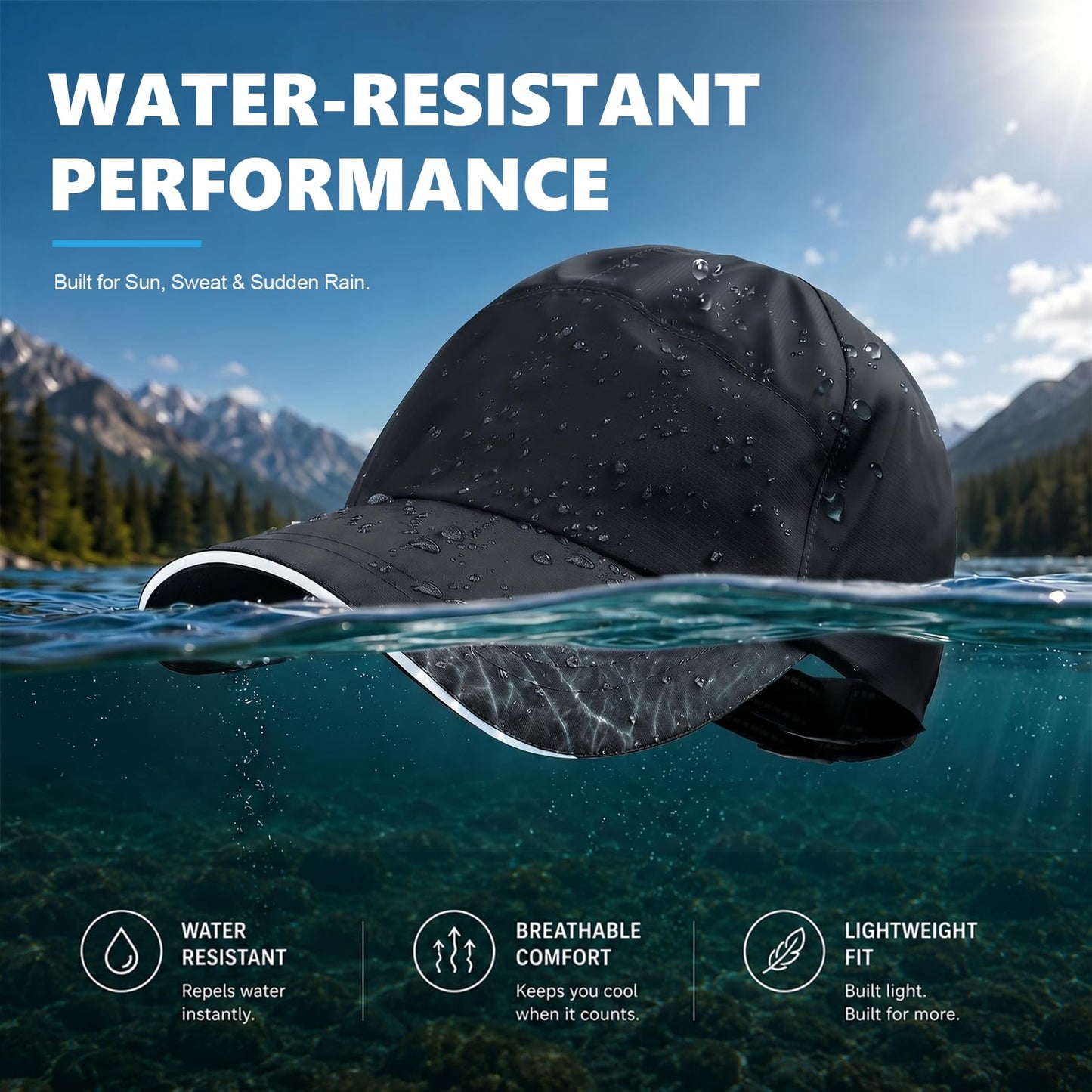 Waterproof Baseball Cap for Men Women UPF 50+ Reflective Quick Dry Running Hat Breathable Rain Golf Cap with Sweatband Black