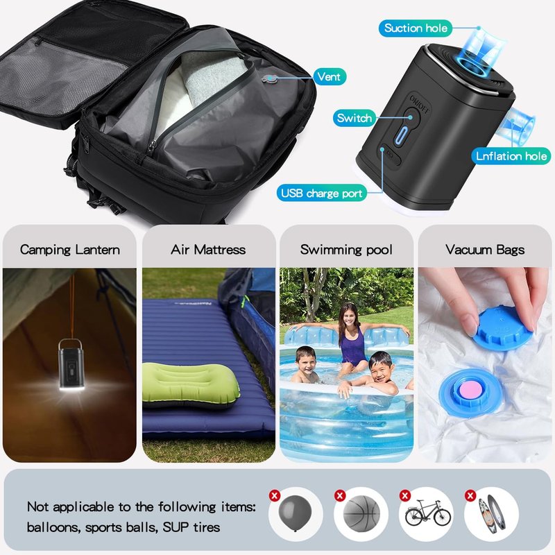 Cusangel Vacuum Backpack for Travel with Portable Electric Pump,Vacpack Pocket Compression Air Pump, 45L Expandable Airback (with Vacuum pump)