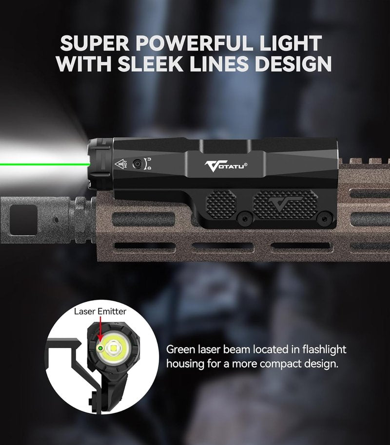 VOTATU 3000 Lumens Laser Light Combo - Strobe Flashlight & Green Laser for Mlok/Picatinny | USB Rechargeable