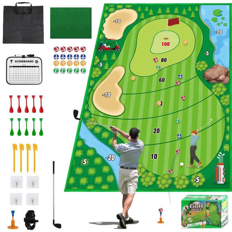 FINCOME Golf Chipping Game Mat Set, Golf Hitting Training Mat Practice Outdoor Indoor for Adults Family, Kids Outdoor Play Equipment, Stick Chip Games for Backyard Office Home (70.1x47.2in)