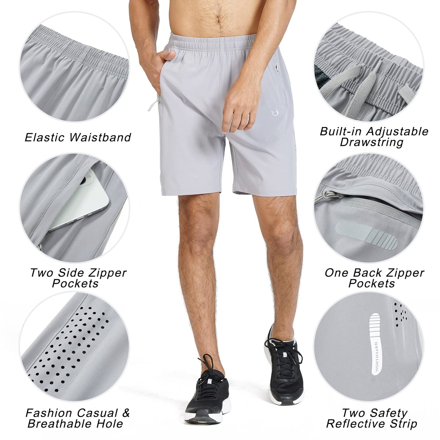 NORTHYARD Men's Athletic Running Shorts Quick Dry Workout Shorts 7"/ 5"/ 9" Lightweight Sports Gym Basketball Tennis Hiking Exercise Grey XL