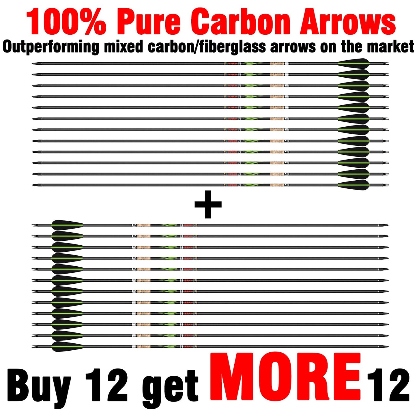 sanlida Dragon 9 24 Pack 100% Pure Carbon Hunting Arrows, 32" Arrows for Compound Bow, Olympic-Grade 10-Spine Precision, ±0.003" Straightness, 0.244" ID, 3" Vanes (340 Spine)