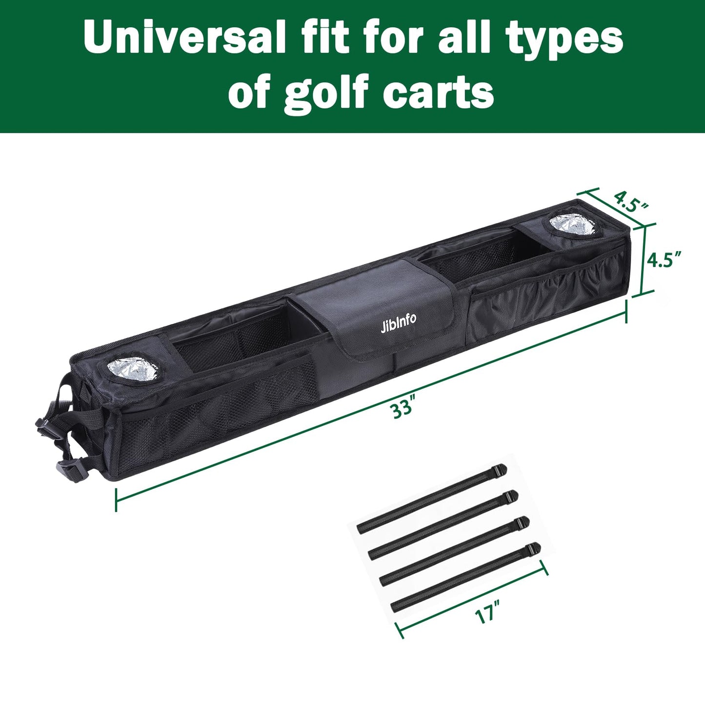 Upgraded Golf Cart Front Storage Basket with Insulated Cup Holders, No-Drilling Dash Tray Organizer Compatible with EZGO, Club Car, Kandi Electirc Golf Cart, 1680D Golf Cart Storage Organizer, Black