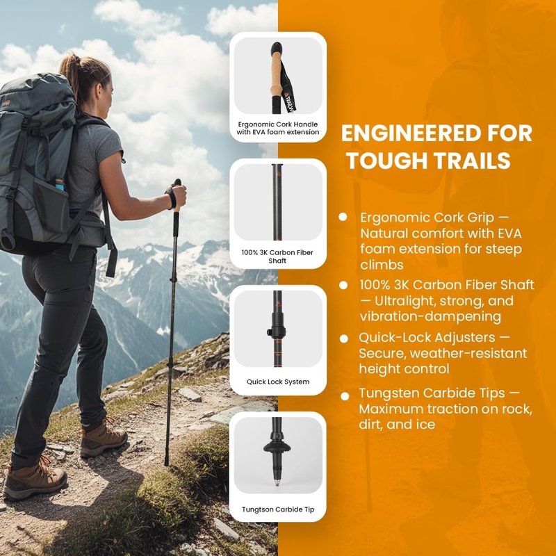 TRAILWORX 3K Carbon Fiber Trekking Poles, Collapsible Set of 2 Lightweight Adjustable Hiking Poles 24.5"-54" with Cork Grip, Tungsten Carbide Tips, Black, Includes Carry Bag, Snow & Mud Baskets