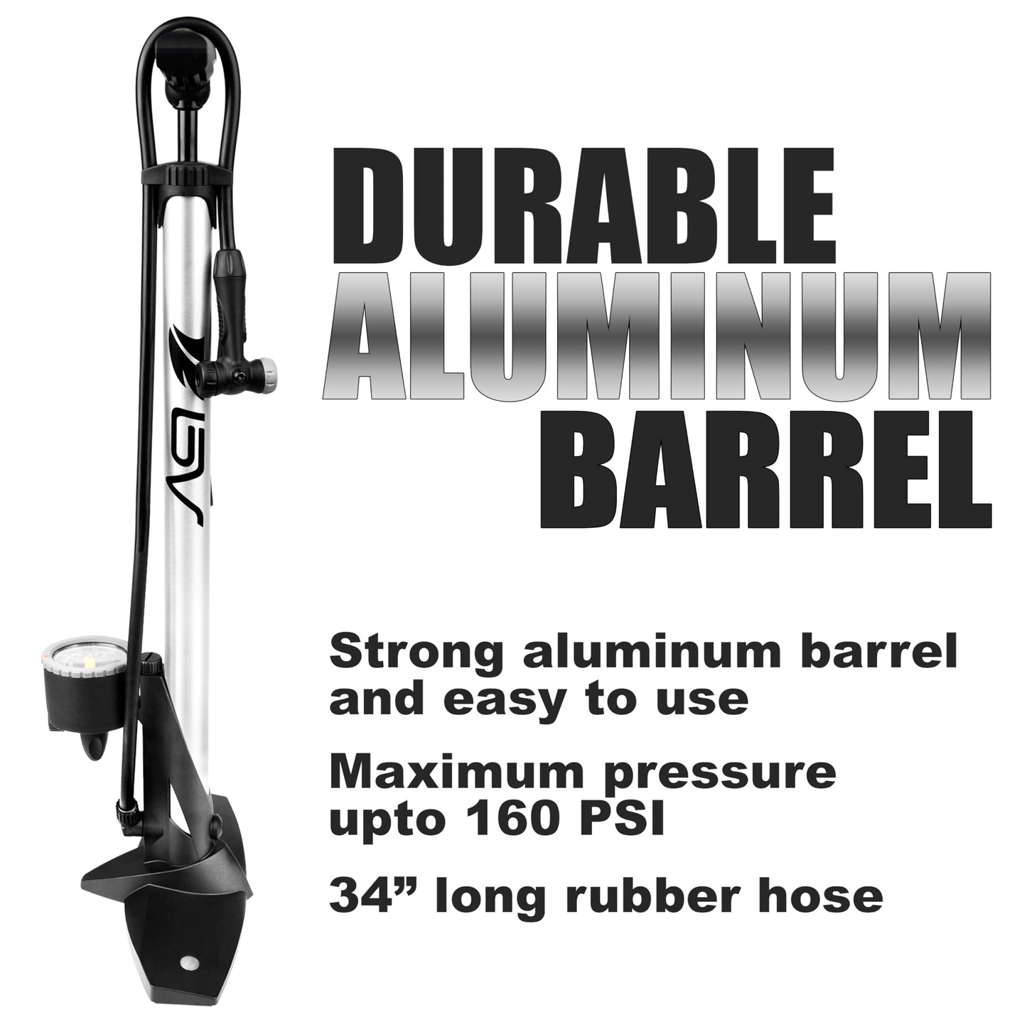 BV Bicycle Pump Durable Bike Floor Pump 17/24 inch Smart Valve Head, 160 psi, Automatically Reversible Presta and Schrader (Regular - Silver)
