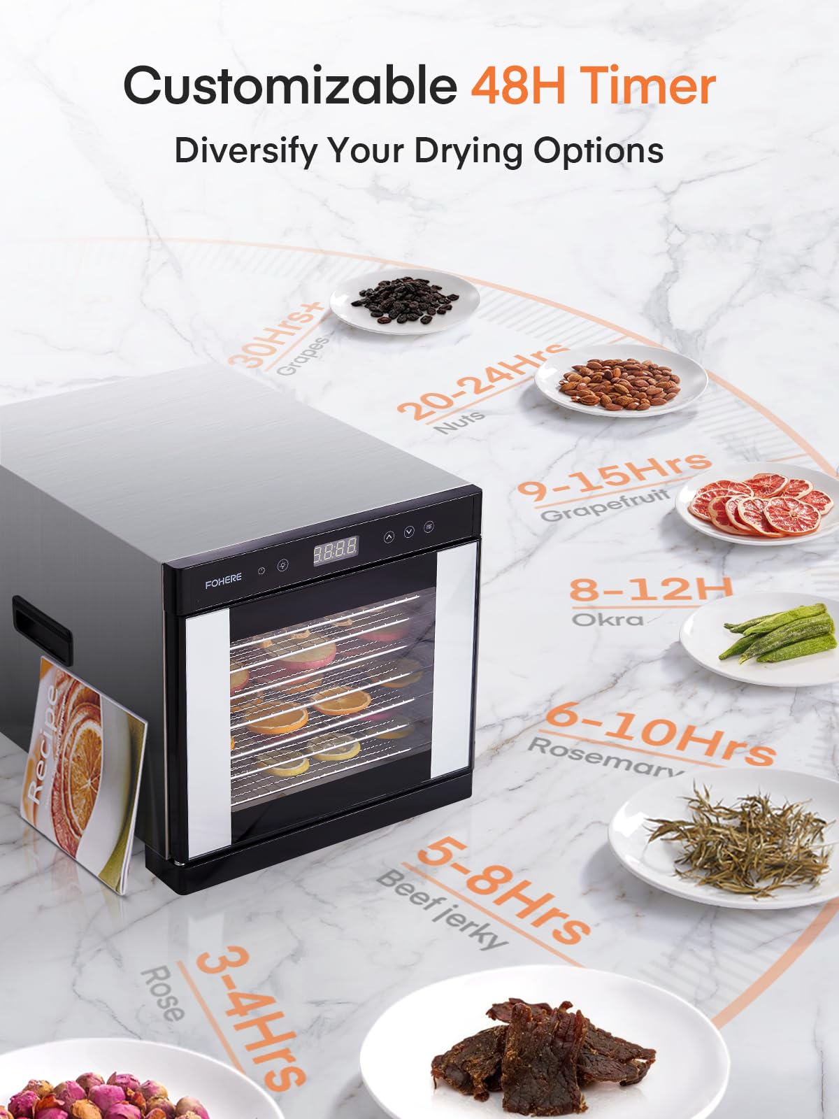 FOHERE 800W Food Dehydrator Machine with 8 Stainless Steel Trays, 8.01ft² Drying Space, 176°F Temperature Control & 48H Timer for Jerky, Meat, Fruit, Herbs, Yogurt, Dog Treats – Recipe Book