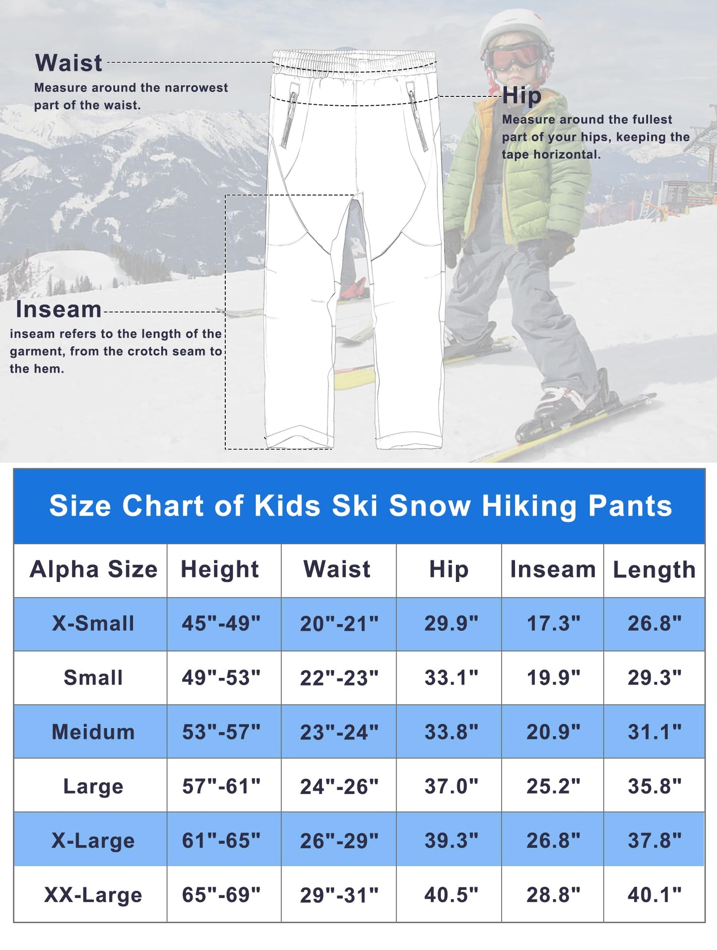 Dizoboee Kids Snow Pants Boys Waterproof Windproof Fleece Lined Outdoor Ski Hiking Pants, Blue/Black XXL