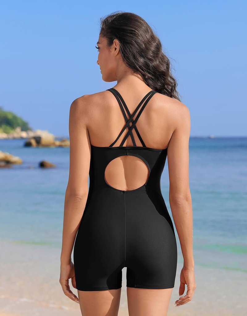 Boyleg Swimsuits for Women - Athletic One Piece Bathing Suit with Crisscross Back Design