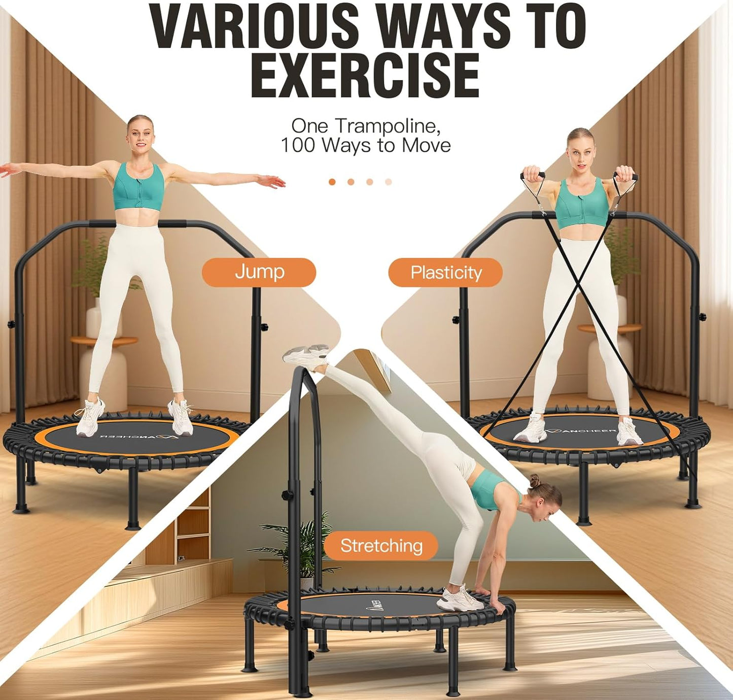 ANCIHER Foldable Mini Trampoline - 40"/48" Indoor Exercise with Adjustable Handle & Resistance Bands | Max Load 450lbs/550lbs