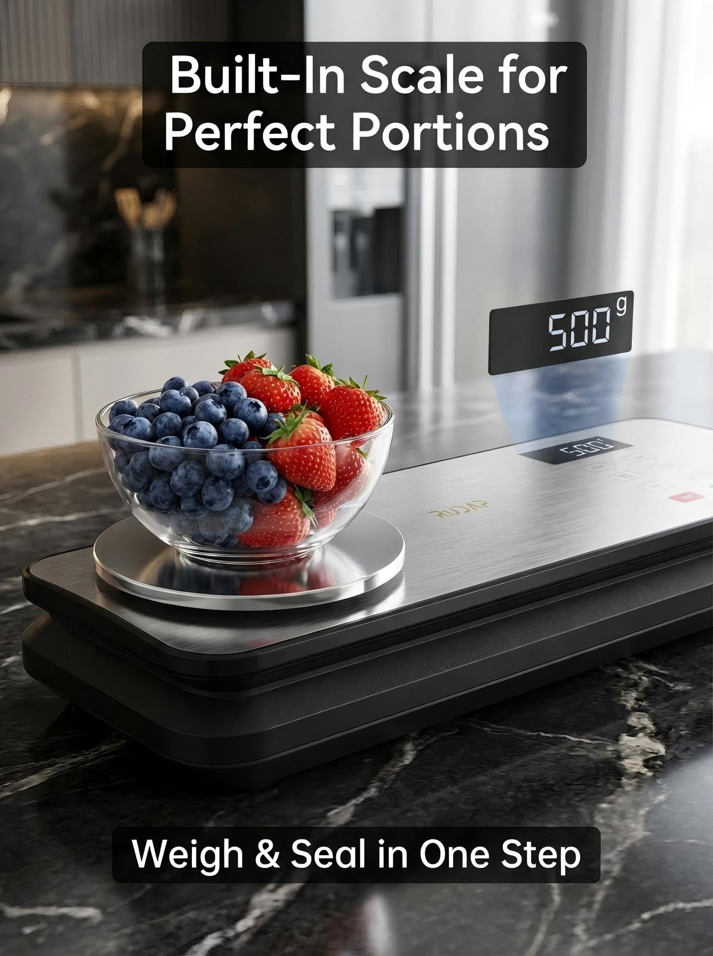 Vacuum Sealer for Food, 90kPA Powerful Food Saver Vacuum Sealer Machine with Digital Kitchen Scale, 12-in-1 Food Vacuum Sealer with Dry & Moist Food Modes, 10 pcs & 1 Roll Vacuum Bags, Starter Kits