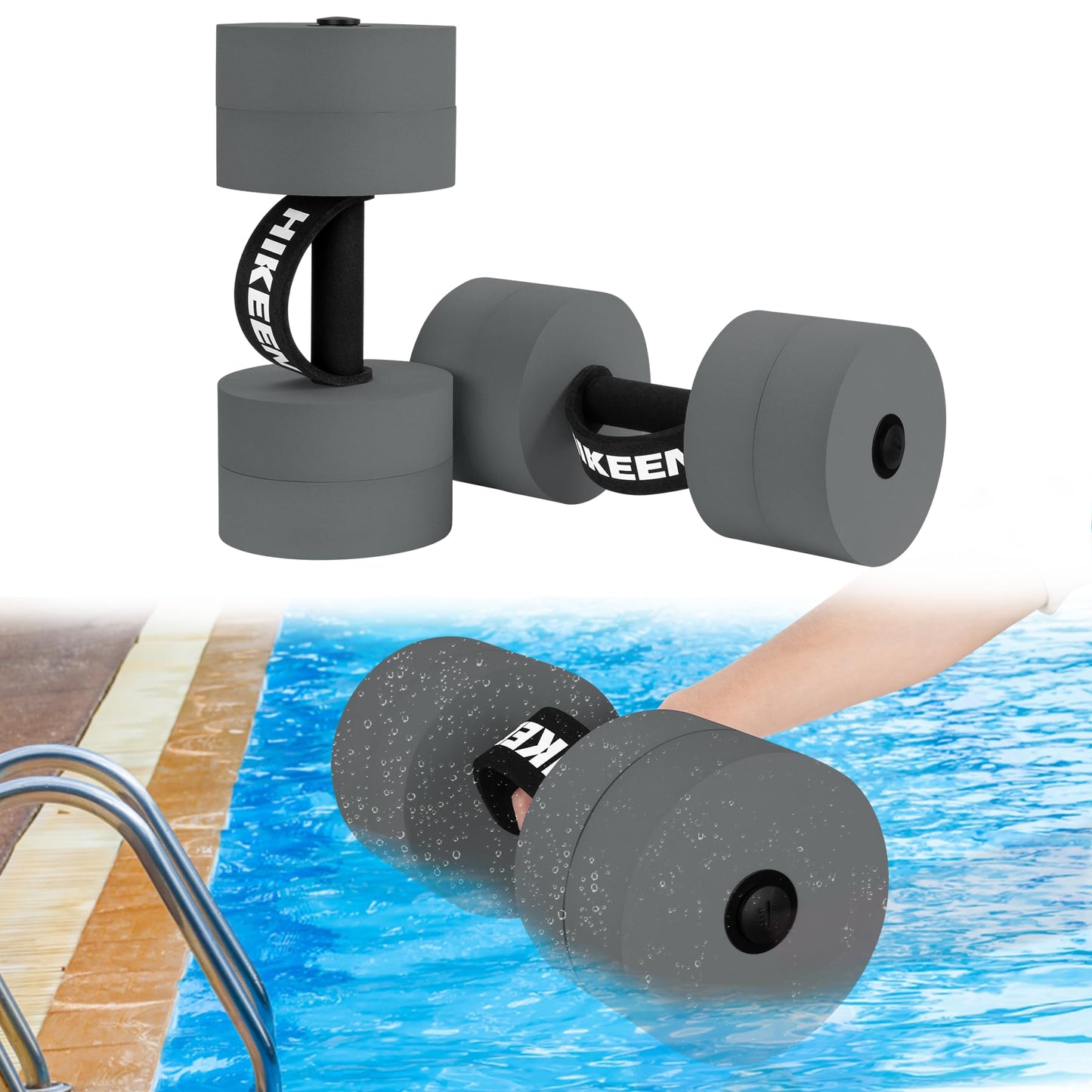 Hikeen Aquatic Exercise Dumbbells Water Dumbbell Pool Resistance Aquatic Fitness Barbells With 4 High-Density EVA Foam Pool Weights Dumbbells, for Water Aerobics Weight Loss (2 EVA Grey)