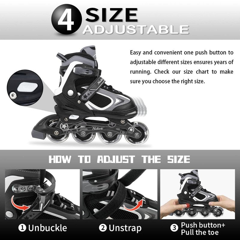 MonSports Adjustable Inline Skates for Kids,Black Blade Roller Skates with Light-up Wheels for Beginner Boys,Girls and Youth Size S(US10-13c)