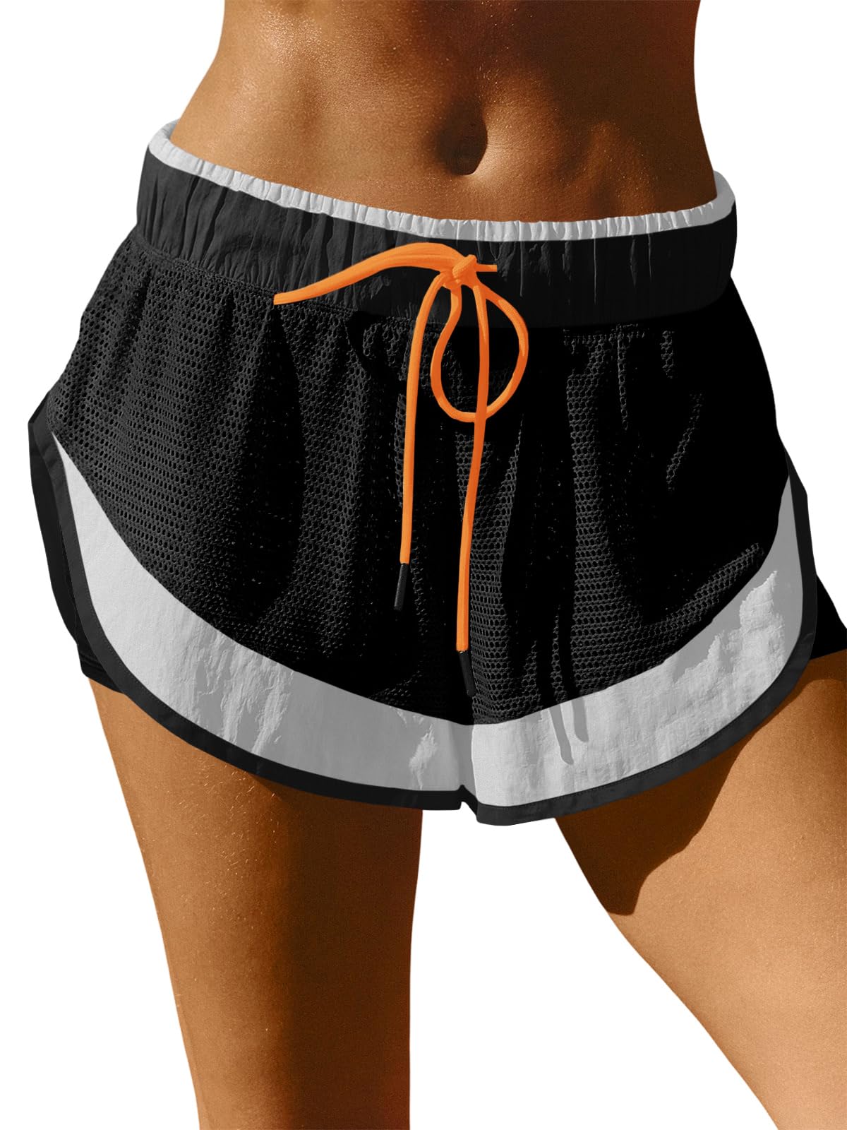 Fisoew Women Athletic Shorts 2 in 1 Running High Split Color Block Workout Yoga Mesh Shorts Pocket Drawstring Black