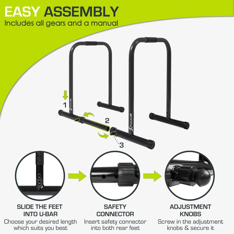 ProsourceFit Heavy Duty Dip Station, Parallel Bars with Safety Connector for Home Exercise, Strength Training, Tricep Dips, Calisthenics, and Workouts, Supports up to 400 LB, Black