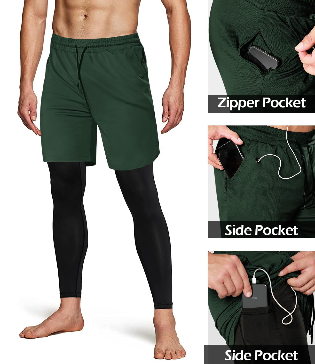 Men's 2 in 1 Running Pants, Gym Workout Compression Pants for Men Training Athletic Pants Dark Green