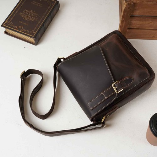 Masa Kawa Men's Leather Messenger Bag Retro Small Crossbody Shoulder Bag for Men Women Vintage Flap Over Man Purse Fits 10 Inch Tablet,Brown