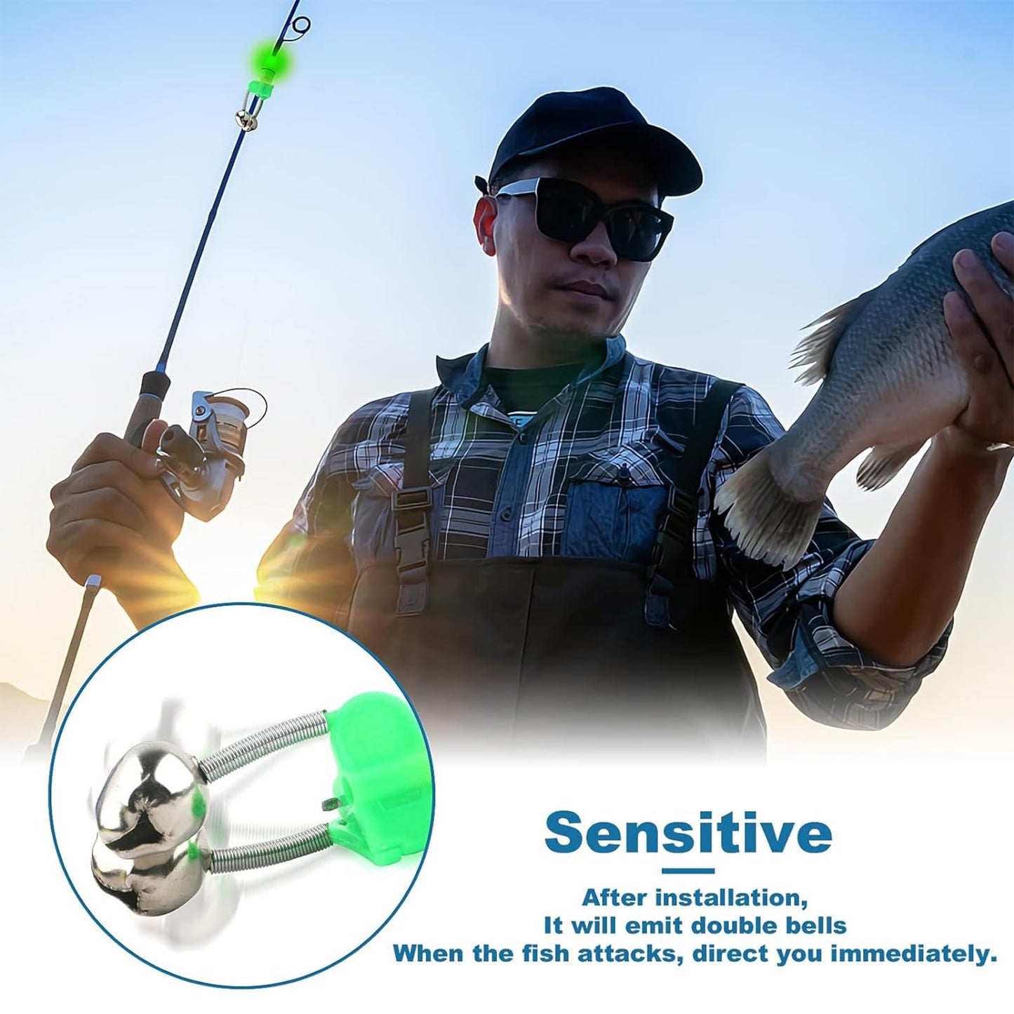 6pack Fishing Rod Holder Ground Support with Bite Alarm Bells, Bungee Cords
