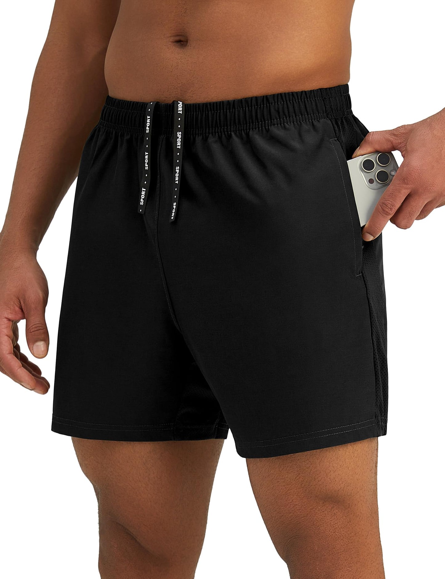 Pesfix Mens 5'' Lightweight Athletic Shorts Quick Dry Gym Workout Running Shorts with Zipper Pockets Black,Large
