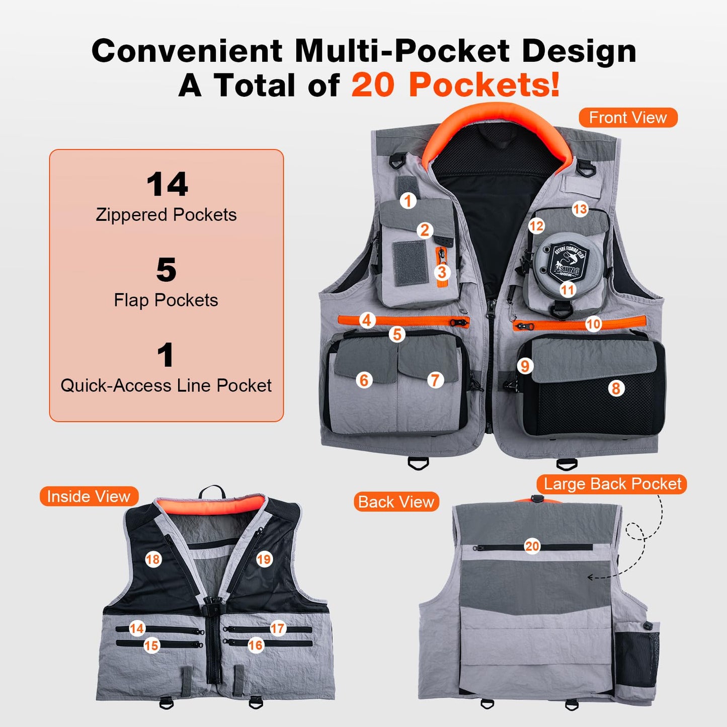 Goture Fishing Vest, Lightweight Breathable Nylon Fly Fishing Vest Pack for Men and Women, 18 Pockets Vests with Dedicated Quick-Access Line Pocket, Waistcoat Jacket for Outdoor Activities