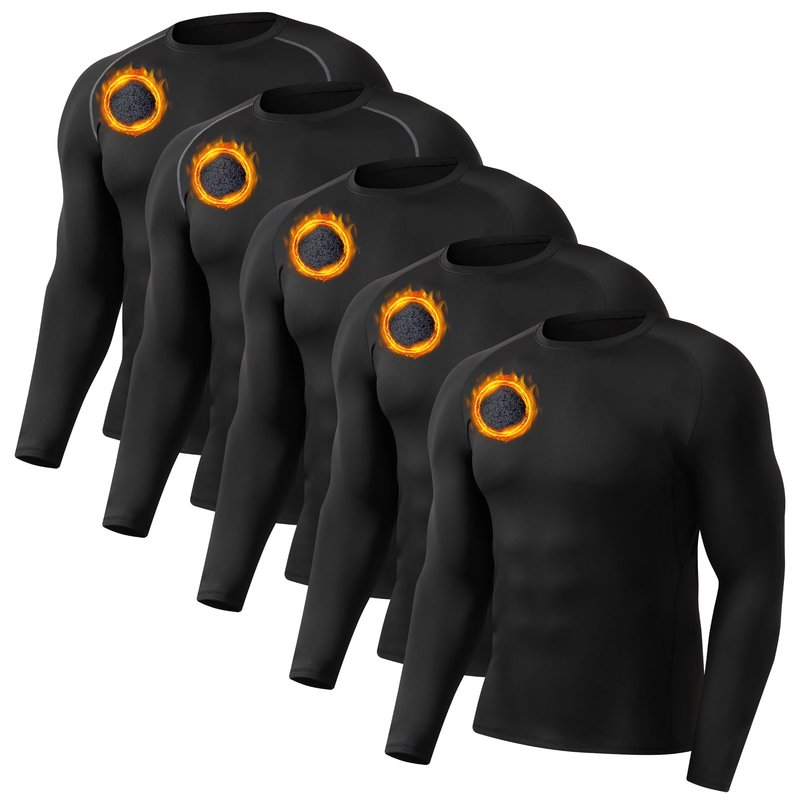 Tecrap 5 Pack Men's Thermal Compression Shirt Fleece Lining Athletic Quick Dry Base Layer Long Sleeve Fitness Top for Cold Weather Skiing 3B2G-L