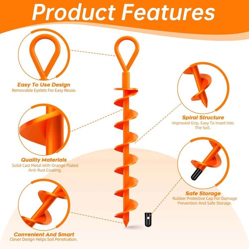 Dongxw Ground Anchor,Heavy Duty Tent Stakes Trampoline Anchors, Ground Anchors Screw in, Trampoline Anchor Kit with Straps,for Camping Tent, Swing Sets, Sheds, Trampoline(6 Pack,Orange)
