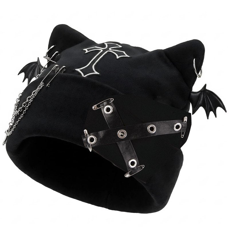 Y2K Gothic Grunge Hat - Cat Ear Bat Wing Black Beanie with Ears Cross Chains, Emo Punk Knitted Skull Cap for Women, Streetwear Goth Hat with Ears
