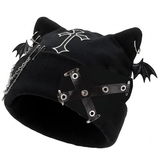 Y2K Gothic Grunge Hat - Cat Ear Bat Wing Black Beanie with Ears Cross Chains, Emo Punk Knitted Skull Cap for Women, Streetwear Goth Hat with Ears