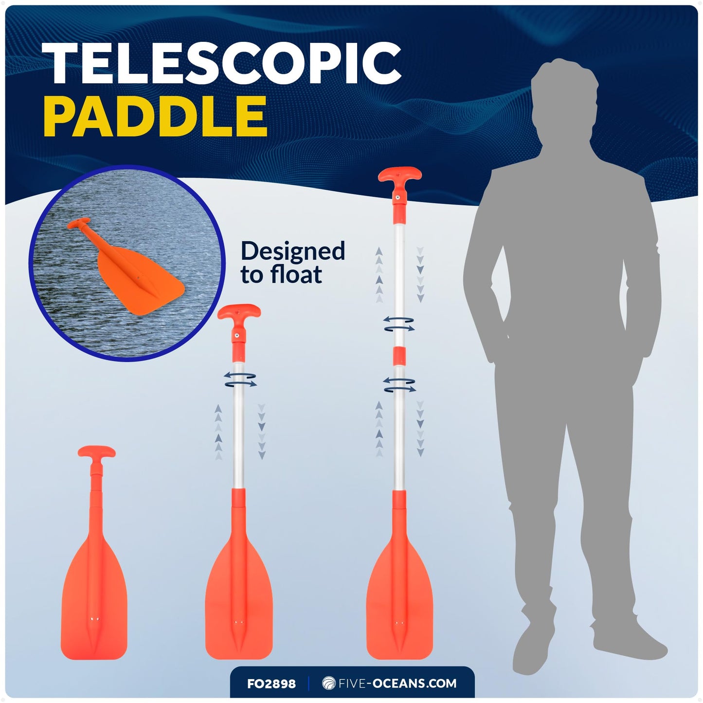 Five Oceans Boat Paddle, Emergency Paddle -Telescoping Paddle, Boat Paddles, Floating Orange Paddle, Extends from 21" to 42", Compact Design for Easy Storage, Strong Anodized Aluminum Shaft - FO2898