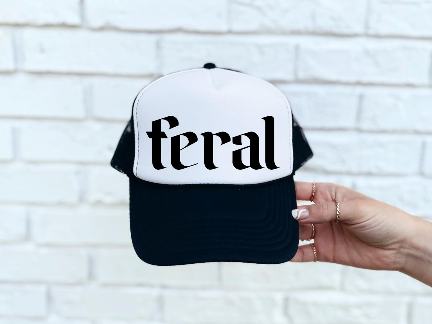 Feral Trucker Hat for Men and Women - Funny Best Friend Gag Gifts for Him Her Snapback Hat - Girls Beach or Lake Trip Gift Idea - Unisex Adult Breathable Polyester Mesh Adjustable Cap - Black
