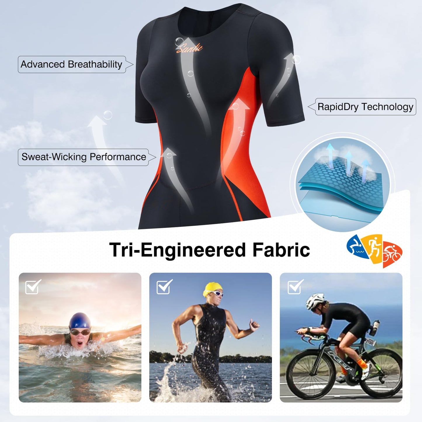 Santic Triathlon Suit for Women Short Sleeve Padded Trisuit Quick-Dry for Swim Bike Run,Red,S