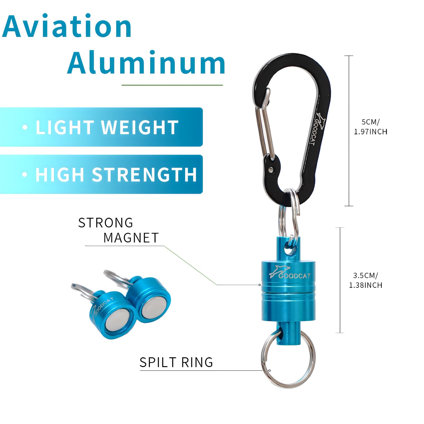 GOODCAT Strongest Magnetic Net Release Magnetic Keychain Fly Fishing Net Retractor Magnet Clip Holder Retractor with Retractable Coiled Lanyard Carabiner (Blue Magnet+ Black Carabiner)