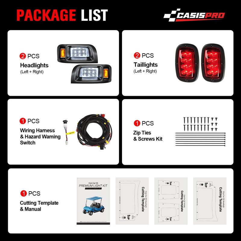 CASISPRO 12V Golf Cart Light Kit for Club Car DS 1993-UP, Street Legal LED Headlight Taillight Kit with Wiring Harness
