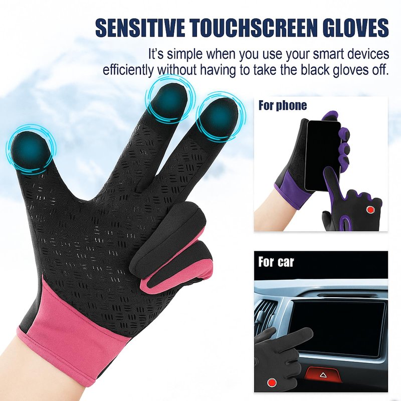Zhanmai 3 Pairs 3/6 Pairs Outdoor Winter Touchscreen Gloves Windproof Waterproof Thermal Gloves for Running Hiking for Men Women (Medium,Black,Purple,Pink)