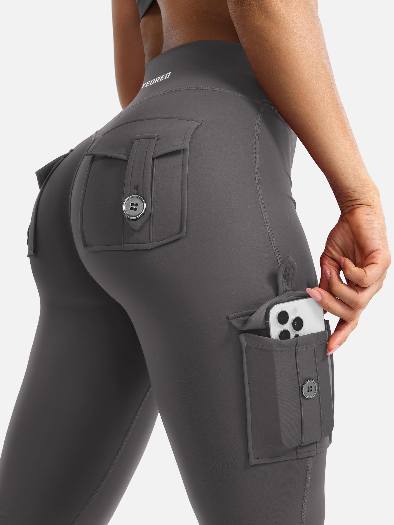 YEOREO CoreFlex Women Workout Flare Leggings with Pockets Scrunch Cargo Gym Yoga Leggings Dark Grey M