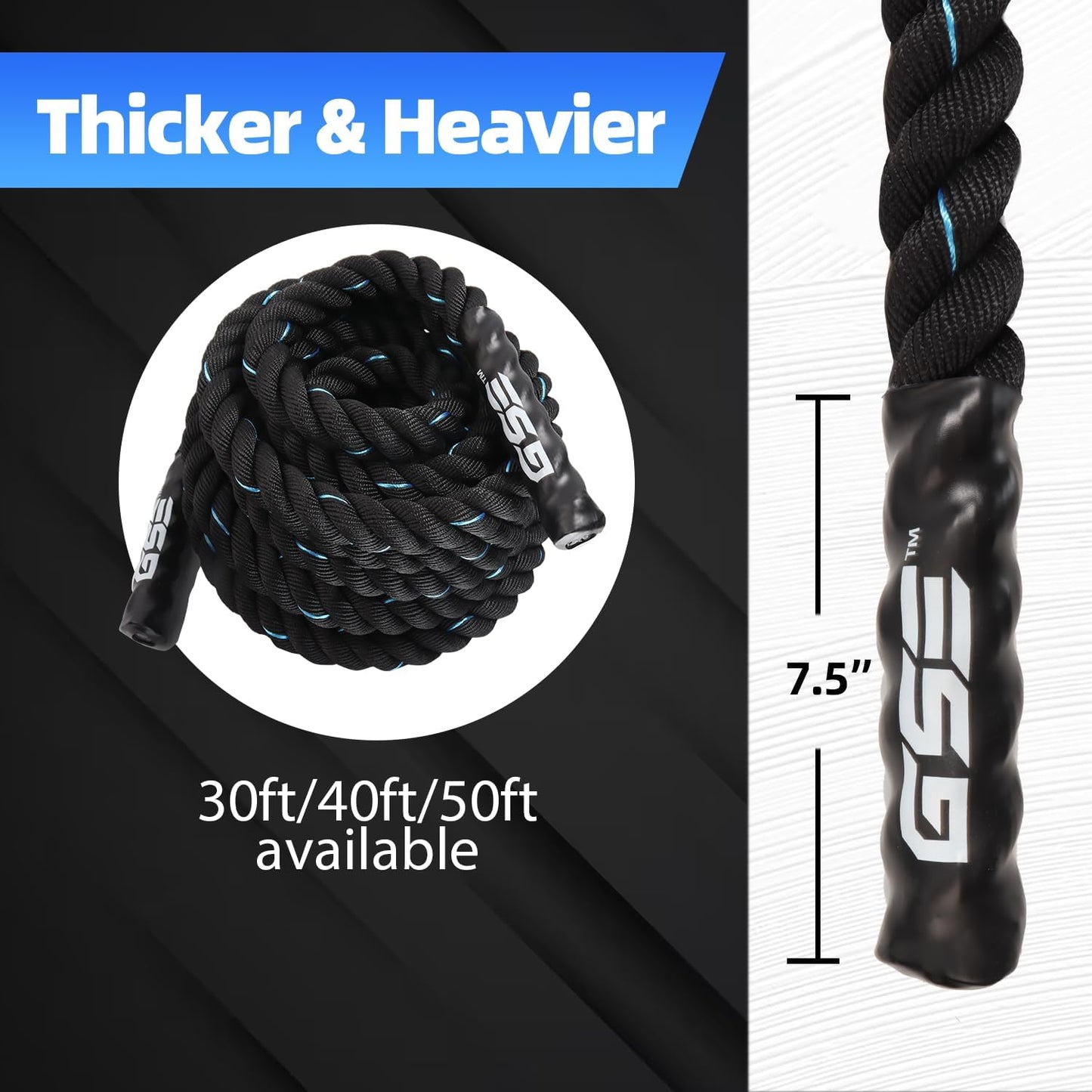 Gym Battle Rope - Heavy-Duty Exercise Rope for Strength Training | Indoor & Outdoor Workouts - 30, 40, 50 Feet Lengths