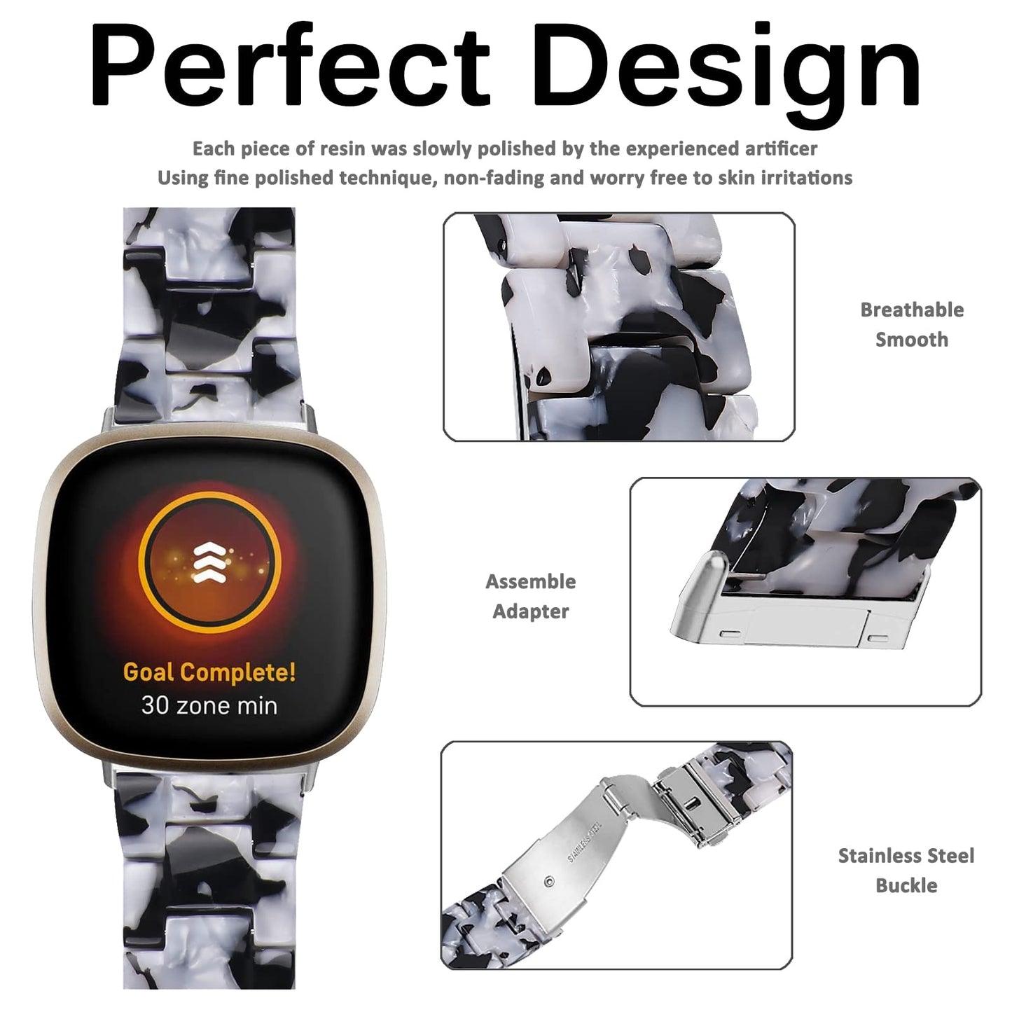 Miimall Compatible for Fitbit Versa Sense Strap, Versa 3 Resin Band Stylish with Stainless Steel Clasp Replacement Bands Straps for Fitbit Versa Sense Versa 3 Trackers(Black&White)