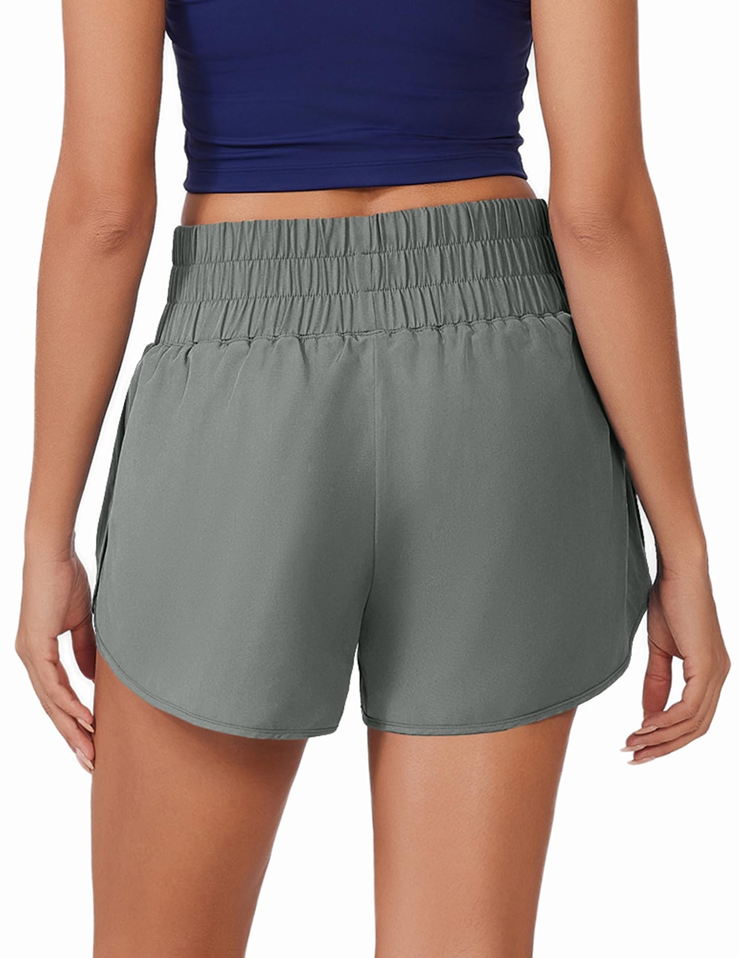 PINSPARK Women 2 in 1 Running Shorts High-Waisted Athletic Shorts Workout Active Dolphin Shorts with Deep Zipper Pockets Sage Grey M