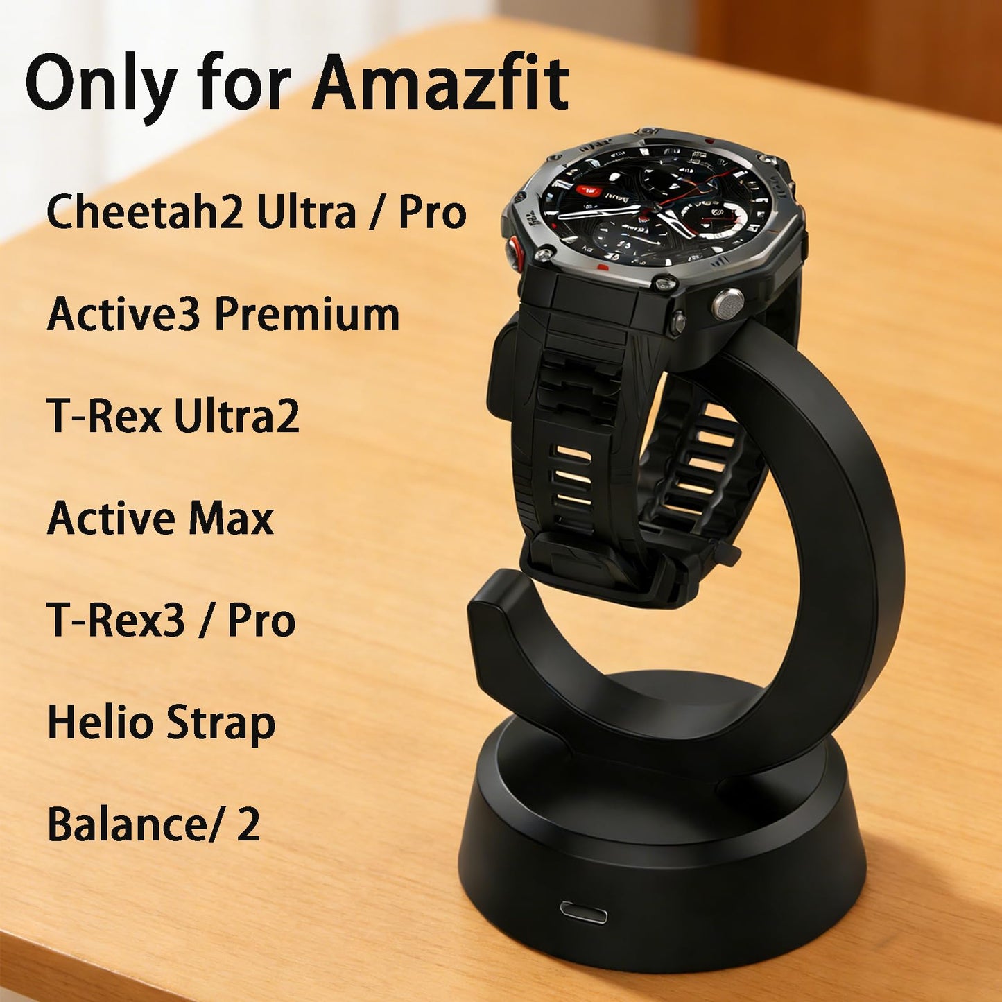Magnetic Charging Stand for Amazfit Cheetah 2 Ultra/Pro, Active 3 Premium, T-Rex 3/3 Pro/Ultra 2, Active Max, Balance 1/2, Helio Strap with 2 Cables (USB-A & USB-C)