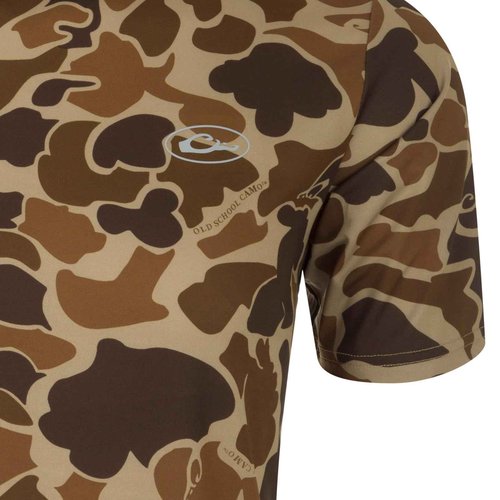 Drake Waterfowl Men's EST Camo Performance Crew Short Sleeve Shirt | Cooling UPF 50+ Sun Protection Hunting T-Shirt for Men, Old School, Size: 2XL